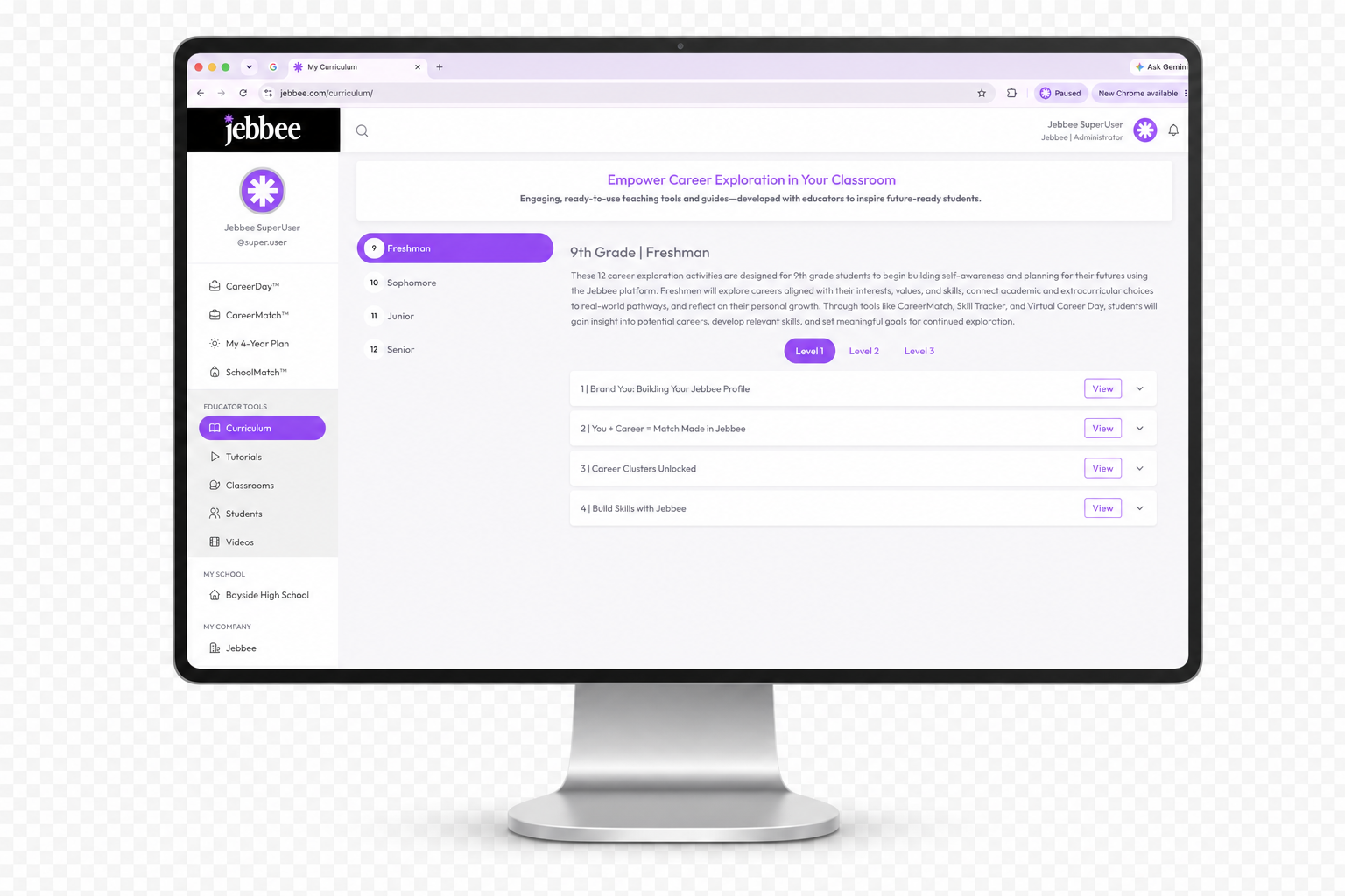 The Jebbee curriculum, with grade-level lessons and integration levels — web version