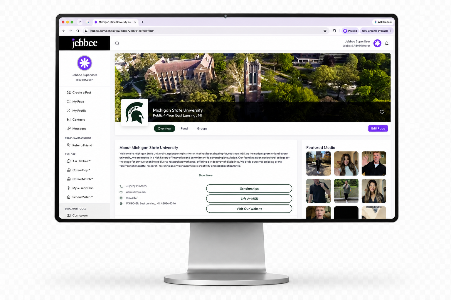 Michigan State University's school profile on Jebbee — web version